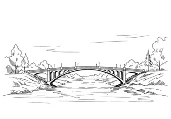 Obraz premium Bridge Over Waterway Black and White Sketch in Outdoor Setting