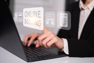 Businessman online booking laptop smartphone digital cyberspace travel technology concept