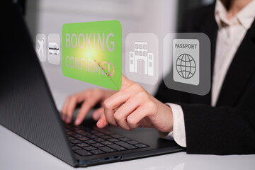 Business booking confirmation online digital service buy flight check order hotel travel concept