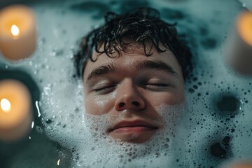 A man takes a bath with foam and candles - relaxation. 
