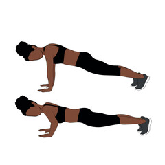 A Black African woman in black clothing doing push ups exercise . Flat vector illustration isolated on white background	
