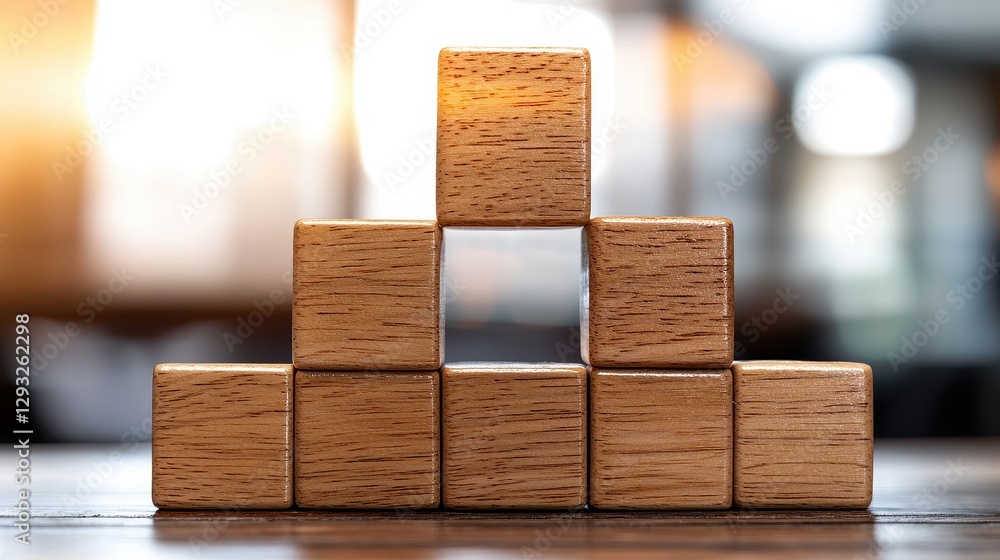 Poster wooden blocks arranged in a creative formation on a table for artistic projects.