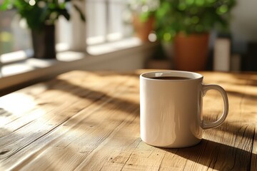 mug of warm beverage near plants, cozy desk setup with organic elements, natural light enhancing a stylish atmosphere