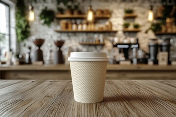 eco-friendly takeaway cup on smooth surface, contemporary cafe setting with soft background, neutral tones creating a warm ambiance