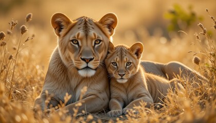 Obraz premium Majestic Lioness and Cub Resting in Golden Savannah Grass at Sunset, Capturing the Beauty and Bond of Wildlife in Their Natural Habitat