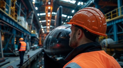 Male worker observing submarine construction in industrial warehouse