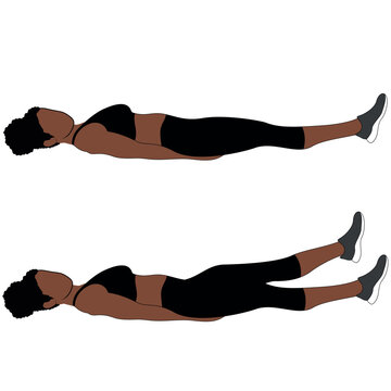 A Black African woman in black clothing doing flutter kicks exercise. Flat vector illustration isolated on white background