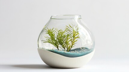 Elegant glass fish bowl with decorative sand and vibrant plant