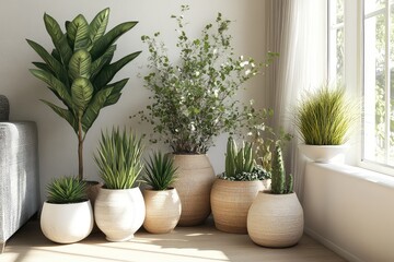 A modern 3D-rendered scene of home decor plants, featuring earthy tones, natural textures, and soft lighting.
