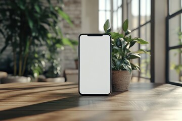 Modern Smartphone Mockup with Blank Screen on Wooden Table in Natural Light