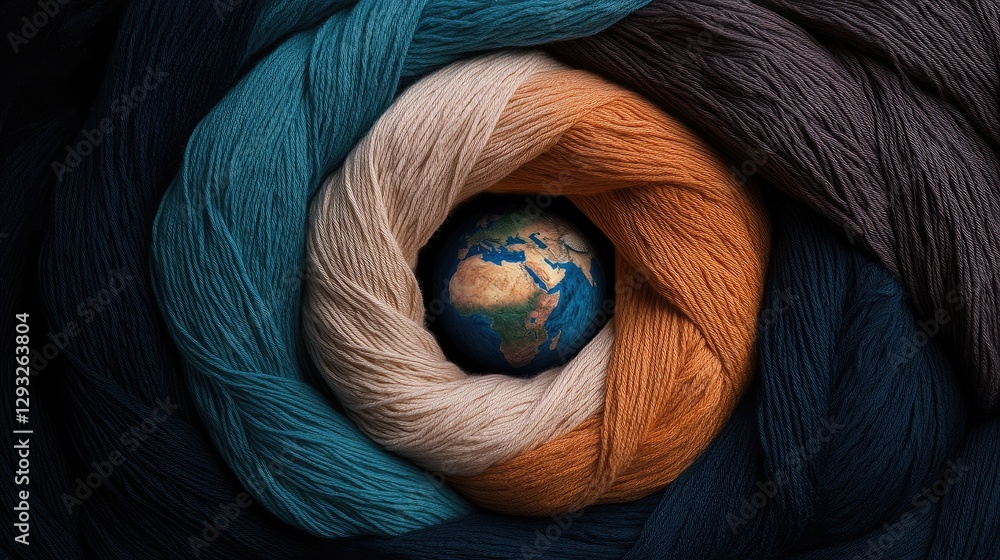 Poster a mesmerizing swirl of vibrant yarn wrapping around the planet, symbolizing how small threads create