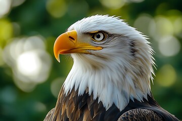 Fototapeta premium Bald eagle portrait, forest bokeh