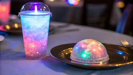 galaxy dinner space mystical planets themed Colorful glowing drink and dessert on a table, creating a festive atmosphere.