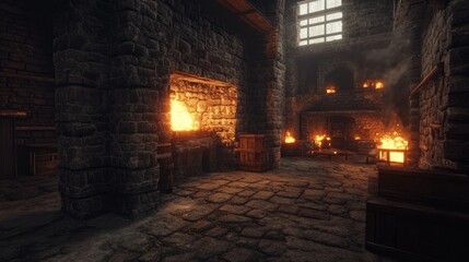 Fototapeta premium Fiery Medieval Forge: Stone Interior with Burning Furnaces and Wooden Crates
