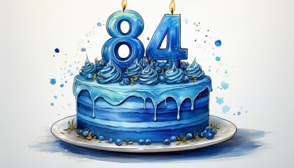 Illustration of decorated blue cake for birthday or anniversary party. Number 84, eighty-fourth birthday celebration