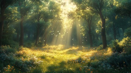 Obraz premium A peaceful forest scene with sunlight filtering through the trees, creating a magical atmosphere on the forest floor