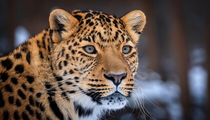 Striking Amur Leopard Captured in the Russian Taiga, Majestic Felis Blytheanus Staring Intensely with Vibrant Green Surroundings and Snowy Backdrop