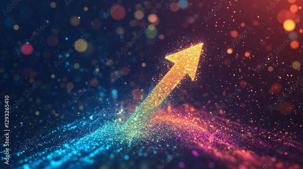 Poster upward glowing arrow made of vibrant gradient particles on dark background, symbolizing growth and p