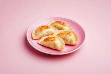 Four golden-brown dumplings on a pink plate, a delectable treat.