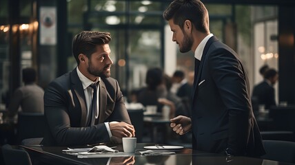 Two men sitting at a table deep in conversation, surrounded by a comfortable social setting