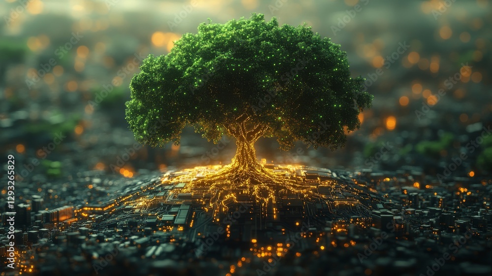 Poster majestic tree intertwined with glowing circuitry on a futuristic landscape, symbolizing nature and t