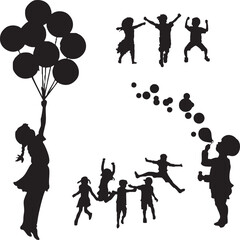 Children Silhouettes Vector Set - Kids Playing, Jumping, and Blowing Bubbles