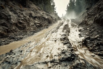 Mudslide in Motion with Debris and Water Flow, earthflow and sediment movement in a rugged valley, natural disaster affecting the environment