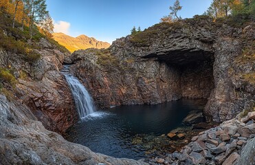 A Small Waterfall Cascading into a Dark, Enclosed Pool Within a Rocky Gorge, Featuring Jagged Cliffs, Sparse Vegetation, and a Glimpse of Distant Mountains Under a Clear Sky.


