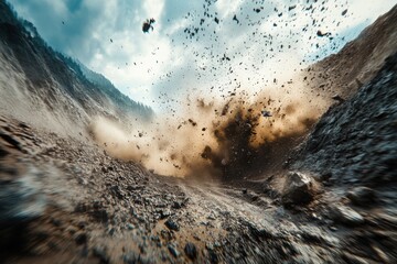 Mudslide in Motion with Debris and Water Flow, catastrophe altering the outdoors, debris and runoff reshaping the slope