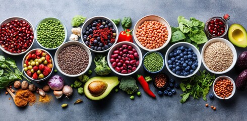 Colorful bowls of healthy food, fruits, vegetables, legumes, and grains.