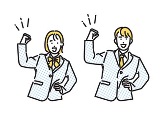 シンプル　イラスト　ガッツポーズをして気合いを入れる学生の男女のセット