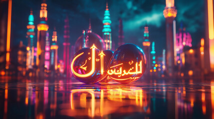 Neon Arabic Calligraphy on Reflective Spheres Futuristic Cityscape Night Background Vibrant Orange and Teal Lights Modern 3D Render Digital Art Abstract Design Graphic Element Illustration Nighttime  