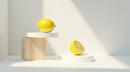 A single whole lemon and a lemon half rest on minimalist white platforms atop a light wood block, bathed in soft sunlight.