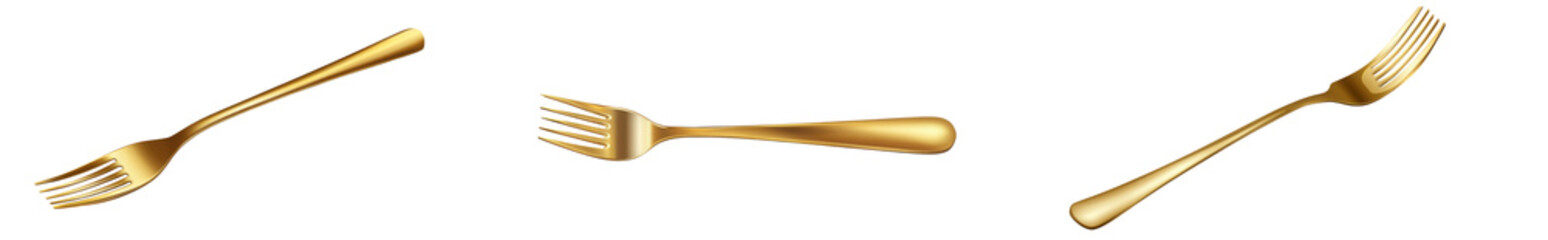 Set of golden forks isolated on white background