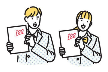 シンプル　イラスト　テストで100点満点を取り喜ぶ学生の男女のセット