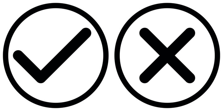 tick and x in circle, OK check mark and X cross icon symbol, black and white vector illustration isolated on a white