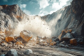 Rockfall During Landslide, geological hazard in rugged landscape, erosion and soil movement