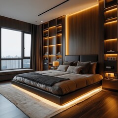 Obraz premium Modern bedroom displaying a well lit and designed bedroom interior