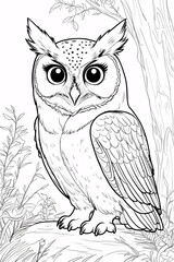 Beautiful Cute Owl Bird Sitting on a Tree Branch in the Forest Black Line Art Drawing for Kids Coloring Page Design Simple Drawing Illustration Design