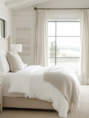 The serene bedroom is well lit by the bright window in the morning