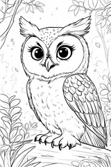 Beautiful Owl Bird Flying Over a Forest Creative Black Line Drawing for Kids' Coloring Pages or Book Design Simple Drawing Illustration Design