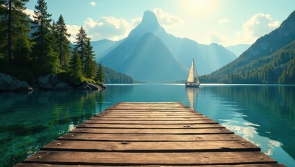 Serene Mountain Lake Scene with Wooden Dock and Sailboat in the Distance