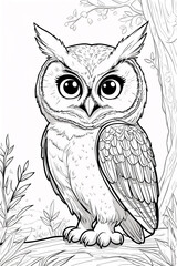 Obraz premium Charming Forest Owl Perched on a Branch Intricate Black Line Art for Kids Book Covers or Coloring Pages Simple Drawing Illustration Design