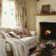 A cozy living room features a sofa with fireplace burning brightly