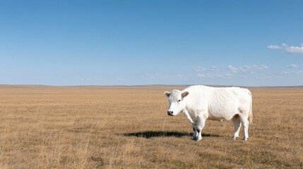 White cow in a vast, golden prairie under a clear sky.  Possible use Stock photo for nature, farm, or rural themes