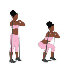A Black African woman in pink clothing doing squats with resistance band exercise. Flat vector illustration isolated on white background	
