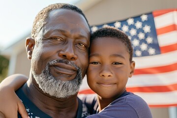 Elderly african male and youthful african male embracing with american flag in background