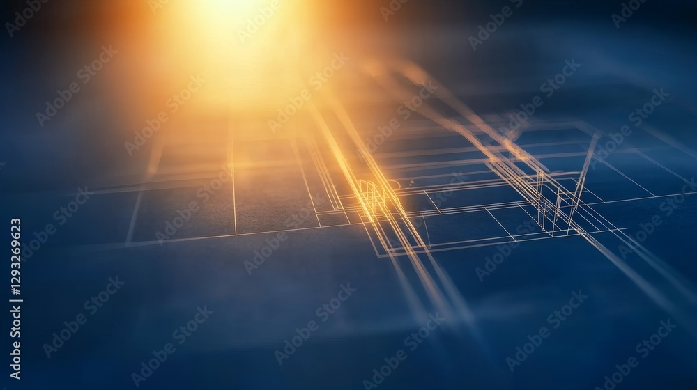 Poster abstract blueprint design with warm light glow on dark background