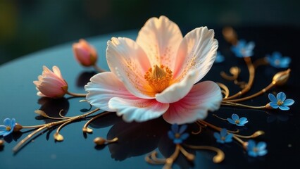Delicate Pink Blossom with Golden Accents and Tiny Blue Flowers on Dark Reflective Surface