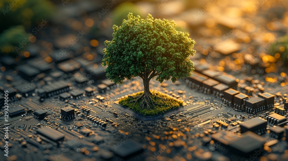 Poster tree growing on a computer circuit board with golden lighting reflecting sustainability. technology 